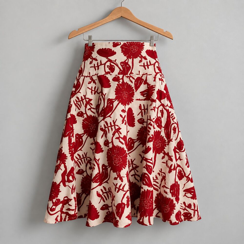 GAP Vintage Y2K 100% Linen Floral A-Line Midi Skirt Red Tan Botanical Size 8